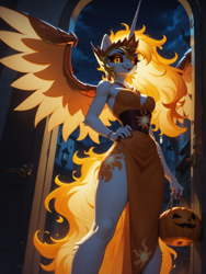 Size: 1320x1760 | Tagged: safe, ai content, machine learning generated, daybreaker, princess celestia, alicorn, anthro, female, full moon, jack-o-lantern, nightmare night, nightmare night costume, prompt in source, prompter:wolferin, solo