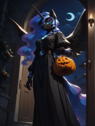 Size: 1320x1760 | Tagged: safe, ai content, machine learning generated, nightmare moon, princess luna, alicorn, anthro, female, full moon, jack-o-lantern, nightmare moon costume, nightmare night, nightmare night costume, prompt in source, prompter:wolferin, solo