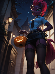 Size: 1320x1760 | Tagged: safe, ai content, machine learning generated, fizzlepop berrytwist, tempest shadow, anthro, unicorn, female, full moon, jack-o-lantern, nightmare night, nightmare night costume, police uniform, prompt in source, prompter:wolferin, solo