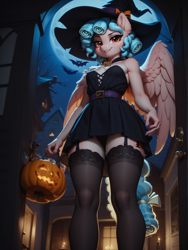 Size: 1320x1760 | Tagged: safe, ai content, derpibooru import, machine learning generated, cozy glow, anthro, pegasus, g4, black panties, black underwear, clothes, costume, female, full moon, halloween, holiday, jack-o-lantern, moon, nightmare night, nightmare night costume, older, older cozy glow, panties, panty shot, prompt in source, prompter:wolferin, pumpkin, skirt, solo, underwear, upskirt, witch costume