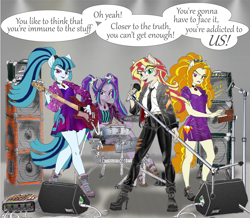 Size: 3000x2619 | Tagged: safe, artist:ciaran, derpibooru exclusive, derpibooru import, adagio dazzle, aria blaze, sonata dusk, sunset shimmer, anthro, pony, equestria girls, g4, rainbow rocks, amplifier, bass guitar, boots, cable, clothes, dialogue, disguise, disguised, disguised siren, dress, drum kit, drum sticks, drums, electric guitar, electric piano, female, gem, guitar, indoors, jewelry, layout, light, lyrics, microphone, musical instrument, necklace, necktie, playing instrument, ponified, pony ears, ponytail, rainbow rocks 10th anniversary, robert palmer, shoes, siren gem, speaker, species swap, speech bubble, stage, text