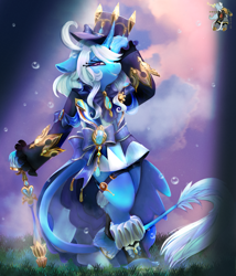 Size: 2271x2653 | Tagged: safe, artist:brainiac, derpibooru import, trixie, semi-anthro, unicorn, g4, clothes, cosplay, costume, digital art, digital painting, female, furina (genshin impact), genshin impact, horn, leonine tail, looking at you, mare, outdoors, smiling, smiling at you, solo, tail