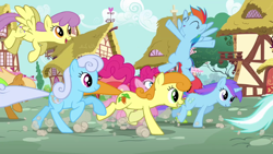 Size: 1280x720 | Tagged: safe, derpibooru import, screencap, apple cobbler, carrot top, golden harvest, linky, lyra heartstrings, parasol, peachy sweet, pinkie pie, rainbow dash, red gala, shoeshine, pony, g4, pinkie pride, season 4, alternate hairstyle, apple family member, happy, orchid dew, outdoors, ponyville, running