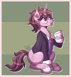 Size: 1892x2060 | Tagged: safe, artist:bkiltersot, derpibooru import, oc, oc only, oc:midnight scrawl, pony, unicorn, :o, brown mane, clothes, facial hair, glasses, horn, looking up, male, open mouth, passepartout, sitting, solo, stallion