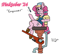 Size: 3644x2731 | Tagged: safe, artist:datzigga, derpibooru import, pinkie pie, earth pony, pony, alternate hairstyle, bucktooth, engineer, freckles, monkey wrench, screwdriver, simple background, solo, white background