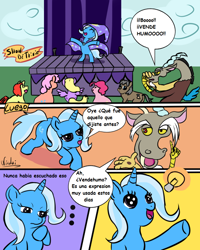 Size: 800x1000 | Tagged: safe, artist:nicolai, derpibooru import, discord, pinkie pie, trixie, pony, unicorn, butt, cape, clothes, comic, crowd, dialogue, female, hat, horn, mare, outdoors, performance, plot, spanish, spanish text, trixie's cape, trixie's hat