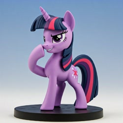 Size: 2048x2048 | Tagged: safe, ai content, derpibooru import, machine learning generated, twilight sparkle, unicorn twilight, pony, unicorn, anonymous prompter, boop, figurine, gradient background, open mouth, raised hoof, raised leg, realistic, self-boop, smug, solo