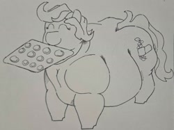 Size: 2188x1638 | Tagged: safe, artist:undertheneighdar, derpibooru import, oc, oc only, oc:peppercorn gourmaise, earth pony, pony, butter, cookie, earth pony oc, fat, food, obese, solo, traditional art