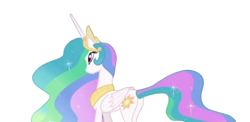 Size: 716x348 | Tagged: safe, derpibooru import, edit, edited screencap, screencap, princess celestia, alicorn, pony, background removed, butt, concave belly, ethereal mane, ethereal tail, female, mare, plot, simple background, slender, solo, tail, tall, thin, white background