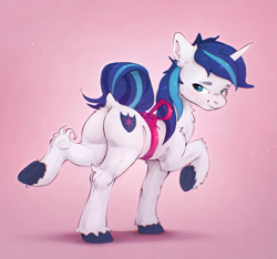 Size: 2451x2294 | Tagged: safe, artist:itssim, derpibooru import, shining armor, pony, unicorn, g4, bipedal, blush lines, blushing, butt, chest fluff, dock, ear fluff, ears, fluffy, high res, horn, leg fluff, lidded eyes, male, plot, raised hoof, raised leg, smiling, solo, stallion, tail, underhoof, unshorn fetlocks