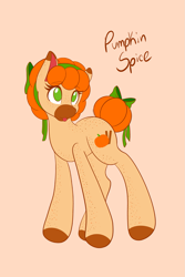 Size: 1365x2048 | Tagged: safe, artist:mscolorsplash, derpibooru import, oc, oc only, oc:pumpkin spice, earth pony, pony, body freckles, bow, colored hooves, colored muzzle, female, freckles, hooves, mare, name, no pupils, orange background, simple background, solo, tail, tail bow, tail bun