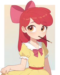 Size: 2048x2560 | Tagged: source needed, safe, ai content, derpibooru import, machine learning assisted, machine learning generated, apple bloom, human, adorabloom, blushing, bow, bowtie, chocolate, clothes, collarbone, cute, dress, dress lift, food, gradient background, hair bow, humanized, looking at you, mouth hold, necktie, passepartout, pocky, prompter needed, short sleeves, solo, upper body