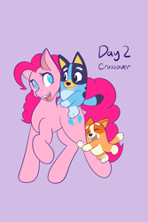 Size: 1365x2048 | Tagged: safe, artist:mscolorsplash, derpibooru import, pinkie pie, earth pony, pony, g4, bingo heeler, bipedal, bluey, bluey heeler, crossover, female, hug, leg hug, mare, no pupils, open mouth, open smile, smiling