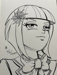 Size: 828x1104 | Tagged: safe, artist:mayorlight, derpibooru import, sunny flare, human, equestria girls, g4, clothes, crystal prep academy uniform, female, ink drawing, inktober, inktober 2024, monochrome, school uniform, solo, traditional art