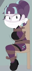 Size: 1280x2840 | Tagged: safe, artist:atmu, derpibooru import, edit, starlight glimmer, human, equestria girls, g4, angry, bondage, bound and gagged, cloth gag, female, gag, monochrome, rope, rope bondage, solo, starlight glimmer is not amused, tied to chair, unamused