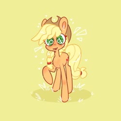 Size: 1411x1411 | Tagged: safe, artist:po666um, artist:possumpuppy, derpibooru import, applejack, earth pony, pony, g4, apple eyes, emanata, raised hoof, raised leg, simple background, solo, wingding eyes, yellow background