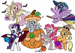 Size: 2048x1448 | Tagged: safe, derpibooru import, applejack, derpy hooves, fluttershy, pinkie pie, rarity, twilight sparkle, bat, bat pony, undead, vampire, bat ponified, bipedal, broom, candy, clothes, costume, flutterbat costume, flying, flying broomstick, food, halloween, halloween 2024, halloween costume, hat, holiday, jack-o-lantern, mummy, princess, pumpkin, pumpkin bucket, race swap, scarecrow, tongue, tongue out, witch, witch hat