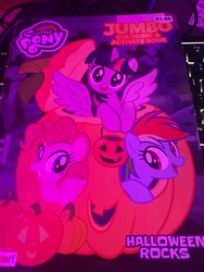 Size: 1536x2048 | Tagged: safe, derpibooru import, pinkie pie, rainbow dash, twilight sparkle, twilight sparkle (alicorn), alicorn, earth pony, pegasus, pony, book, female, halloween, holiday, jack-o-lantern, photo, pumpkin, pumpkin bucket, tree, trio, trio female