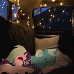 Size: 736x736 | Tagged: artist needed, source needed, safe, derpibooru import, edit, starlight glimmer, trixie, pony, unicorn, cute, duo, female, horn, irl, lights, mare, photo, ponies in real life, sleeping, tent