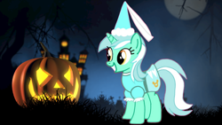 Size: 1280x720 | Tagged: safe, artist:darlycatmake, derpibooru import, lyra heartstrings, pony, unicorn, g4, alternate design, amused, beautiful, big smile, clothes, costume, cute, dress, dressup, female, halloween, halloween costume, happy, hat, haunted house, hennin, holiday, horn, jack-o-lantern, lyra is amused, lyrabetes, majestic, mare, moon, night, pretty, princess, princess lyra heartstrings, pumpkin, smiling, solo, tree