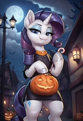 Size: 832x1216 | Tagged: safe, ai content, derpibooru import, generator:pony diffusion v6 xl, generator:stable diffusion, machine learning generated, rarity, pony, unicorn, g4, bipedal, candy, clothes, fangs, food, halloween, holiday, horn, jack-o-lantern, moon, night, outdoors, prompter:thelight3d, pumpkin, pumpkin bucket, solo, street lamp, window