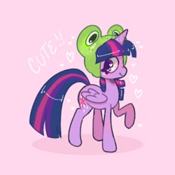 Size: 1084x1084 | Tagged: safe, artist:po666um, artist:possumpuppy, derpibooru import, twilight sparkle, twilight sparkle (alicorn), alicorn, pony, g4, cute, frog hat, pink background, raised hoof, raised leg, simple background, solo, twiabetes