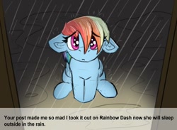 Size: 1104x807 | Tagged: safe, artist:reddthebat, derpibooru import, rainbow dash, pegasus, pony, g4, cute, dashabetes, ears, eyebrows, eyebrows visible through hair, female, floppy ears, frown, looking at you, mare, rain, sad, sadorable, solo, text, wet, wet mane