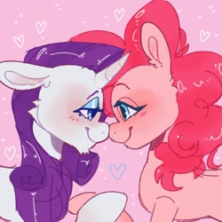 Size: 1301x1301 | Tagged: safe, artist:po666um, artist:possumpuppy, derpibooru import, pinkie pie, rarity, earth pony, pony, unicorn, g4, boop, duo, female, heart, holding hooves, horn, lesbian, lidded eyes, noseboop, raripie, shipping