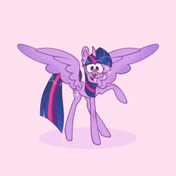 Size: 2048x2048 | Tagged: safe, artist:po666um, artist:possumpuppy, derpibooru import, twilight sparkle, twilight sparkle (alicorn), alicorn, pony, g4, :3, pink background, simple background, solo, spread wings, wings