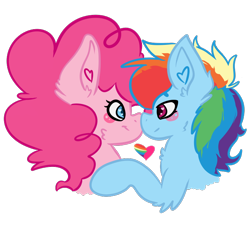 Size: 720x650 | Tagged: safe, artist:bytemyfur, derpibooru import, pinkie pie, rainbow dash, pony, g4, blush sticker, blushing, bust, duo, duo female, female, heart, heart ears, lesbian, nuzzling, pinkiedash, pride, pride flag, shipping, simple background, transparent background