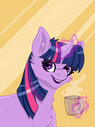 Size: 1500x2000 | Tagged: safe, artist:bytemyfur, derpibooru import, twilight sparkle, unicorn twilight, pony, unicorn, g4, cheek fluff, coffee, coffee mug, curved horn, horn, magic, mug, smiling, solo, telekinesis