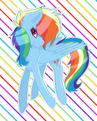 Size: 1020x1280 | Tagged: safe, artist:bytemyfur, derpibooru import, rainbow dash, pegasus, pony, g4, concave belly, large wings, rainbow background, solo, striped background, wings