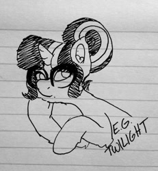 Size: 540x585 | Tagged: safe, artist:bytemyfur, derpibooru import, sci-twi, twilight sparkle, pony, unicorn, equestria girls, g4, black and white, equestria girls ponified, glasses, grayscale, hair bun, ink drawing, lined paper, monochrome, ponified, solo, species swap, traditional art, unicorn sci-twi