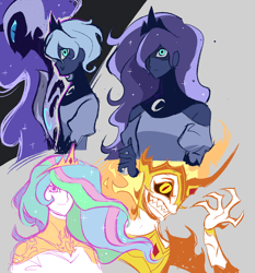 Size: 1902x2040 | Tagged: safe, artist:cranialgrind, derpibooru import, daybreaker, nightmare moon, princess celestia, princess luna, human, g4, gray background, grin, humanized, jewelry, simple background, smiling, teeth, tiara