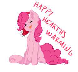 Size: 2549x2353 | Tagged: safe, artist:bytemyfur, derpibooru import, part of a set, pinkie pie, earth pony, pony, g4, christmas, eyes closed, female, happy hearth's warming, hat, holiday, mare, santa hat, simple background, sitting, smiling, solo, transparent background