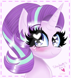 Size: 1024x1128 | Tagged: safe, artist:shadowiesart, derpibooru import, starlight glimmer, pony, unicorn, g4, blushing, bust, deviantart watermark, female, heart, heart eyes, horn, mare, obtrusive watermark, portrait, smiling, solo, watermark, wingding eyes