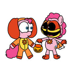 Size: 3351x3023 | Tagged: safe, artist:professorventurer, derpibooru import, pinkie pie, earth pony, pony, clothes, cosplay, costume, dogday, duo, halloween, halloween costume, holiday, jack-o-lantern, kigurumi, open mouth, open smile, pumpkin, pumpkin bucket, simple background, smiling, smiling critters, white background