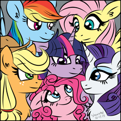 Size: 1200x1200 | Tagged: safe, artist:showa1901, derpibooru import, applejack, fluttershy, pinkie pie, rainbow dash, rarity, twilight sparkle, earth pony, pegasus, pony, unicorn, g4, female, group shot, horn, mane six, mare, signature, smiling