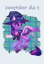 Size: 1984x2880 | Tagged: safe, artist:zackchibi, derpibooru import, twilight sparkle, twilight sparkle (alicorn), alicorn, pony, female, hat, leonine tail, mare, signature, smiling, solo, tail, unshorn fetlocks, witch hat