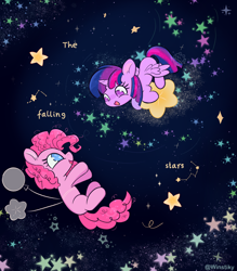 Size: 4000x4571 | Tagged: safe, artist:winstiky, derpibooru import, pinkie pie, twilight sparkle, twilight sparkle (alicorn), alicorn, earth pony, pony, balloon, constellation, cute, diapinkes, duo, duo female, female, floating, lesbian, mare, reaching, shipping, smiling, space, stars, tangible heavenly object, then watch her balloons lift her up to the sky, twiabetes, twinkie