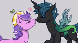 Size: 794x445 | Tagged: artist needed, safe, derpibooru import, screwball, oc, oc:mothball, changeling, earth pony, canon x oc, changeling oc, crooked horn, duo, eyes closed, female, gray background, hat, heart, horn, male, mare, needs more jpeg, nose to nose, ship:screwmoth, shipping, simple background, straight, wings