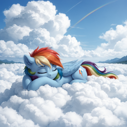 Size: 1536x1536 | Tagged: safe, ai content, derpibooru import, generator:stable diffusion, machine learning generated, rainbow dash, pegasus, pony, g4, cloud, cute, dashabetes, ear fluff, ears, eyes closed, female, full body, generator:pony realism 2.1, lying down, mare, mountain, mountain range, on a cloud, outdoors, prompter:tyto4tme4l, prone, rainbow, scenery, sky, sleeping, sleeping on a cloud, solo