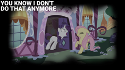 Size: 2000x1125 | Tagged: safe, derpibooru import, edit, edited screencap, editor:quoterific, screencap, fluttershy, rarity, for whom the sweetie belle toils, g4, carousel boutique, yelling