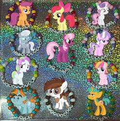 Size: 710x720 | Tagged: safe, artist:lnx1ynight16, derpibooru import, part of a set, apple bloom, cheerilee, coconut cream, diamond tiara, pipsqueak, scootaloo, silver spoon, snails, snips, sweetie belle, toola roola, earth pony, pegasus, pony, unicorn, bracelet, colt, female, filly, foal, horn, jewelry, kandi, looking at you, male, mare, smiling, smiling at you