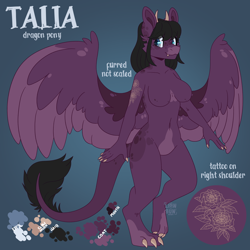 Size: 2500x2500 | Tagged: safe, artist:lionbun, derpibooru import, oc, oc only, oc:talia, anthro, dracony, dragon, hybrid, anthro oc, character design, commission, pegasus wings, reference sheet, solo, tattoo, wings