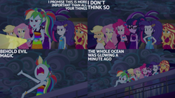 Size: 2000x1125 | Tagged: safe, derpibooru import, edit, edited screencap, editor:quoterific, screencap, applejack, fluttershy, pinkie pie, rainbow dash, rarity, sci-twi, sunset shimmer, twilight sparkle, human, equestria girls, g4, spring breakdown, alternate hairstyle, arrogance, blonde, blonde hair, braid, clothes, cruise concert outfit, curly hair, curvy, cynicism, dress, equestria girls specials, female, flashlight (object), glasses, hair tie, hero dash, humane five, humane seven, humane six, irresponsible, long hair, multicolored hair, open mouth, pink hair, ponytail, purple hair, rainbow hair, raribitch, short hair, sleeveless, sleeveless dress, storm, straight hair, sunjerk shimmer, teenager, tempting fate, three toned hair, twibitch sparkle, two toned hair, vacation, yelling