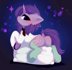 Size: 3871x3762 | Tagged: safe, artist:empress-twilight, derpibooru import, oc, oc only, oc:starlet violet, pony, unicorn, :p, blushing, butt, clothes, commission, dock, ear fluff, ears, female, horn, mare, pillow, plot, socks, solo, sparkles, tail, thigh highs, tongue, tongue out, underhoof, unicorn oc, ych example, ych result, your character here