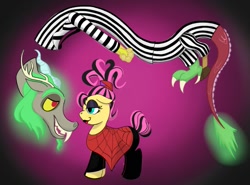 Size: 1135x838 | Tagged: safe, derpibooru import, discord, fluttershy, draconequus, pony, beetlejuice, betelgeuse, clothes, costume, discoshy, duo, duo male and female, eyeshadow, female, glowing, glowing tail, halloween, halloween costume, holiday, inktober, inktober 2024, looking at each other, looking at someone, lydia deetz, makeup, male, shipping, spider web, straight, tail