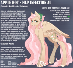 Size: 928x862 | Tagged: safe, artist:fhroggy, derpibooru import, fluttershy, pegasus, pony, g4, alternate cutie mark, alternate hairstyle, apple rot infection, bandage, bandana, blood, blood stains, golden coat, implied angel bunny, implied discord, implied discoshy, implied everfree forest, implied ponyville, implied shipping, implied straight, implied sweet apple acres, infection au, pink mane, redesign, teal eyes