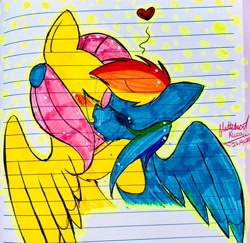 Size: 3024x2934 | Tagged: safe, artist:flutterheartkawaii, derpibooru import, fluttershy, rainbow dash, pegasus, pony, g4, crying, duo, duo female, eyes closed, female, flutterdash, heart, kiss on the lips, kissing, lesbian, lined paper, shipping, tears of joy, traditional art